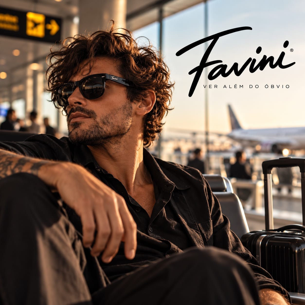 Homem de óculos de sol Favini em um aeroporto ao pôr do sol
