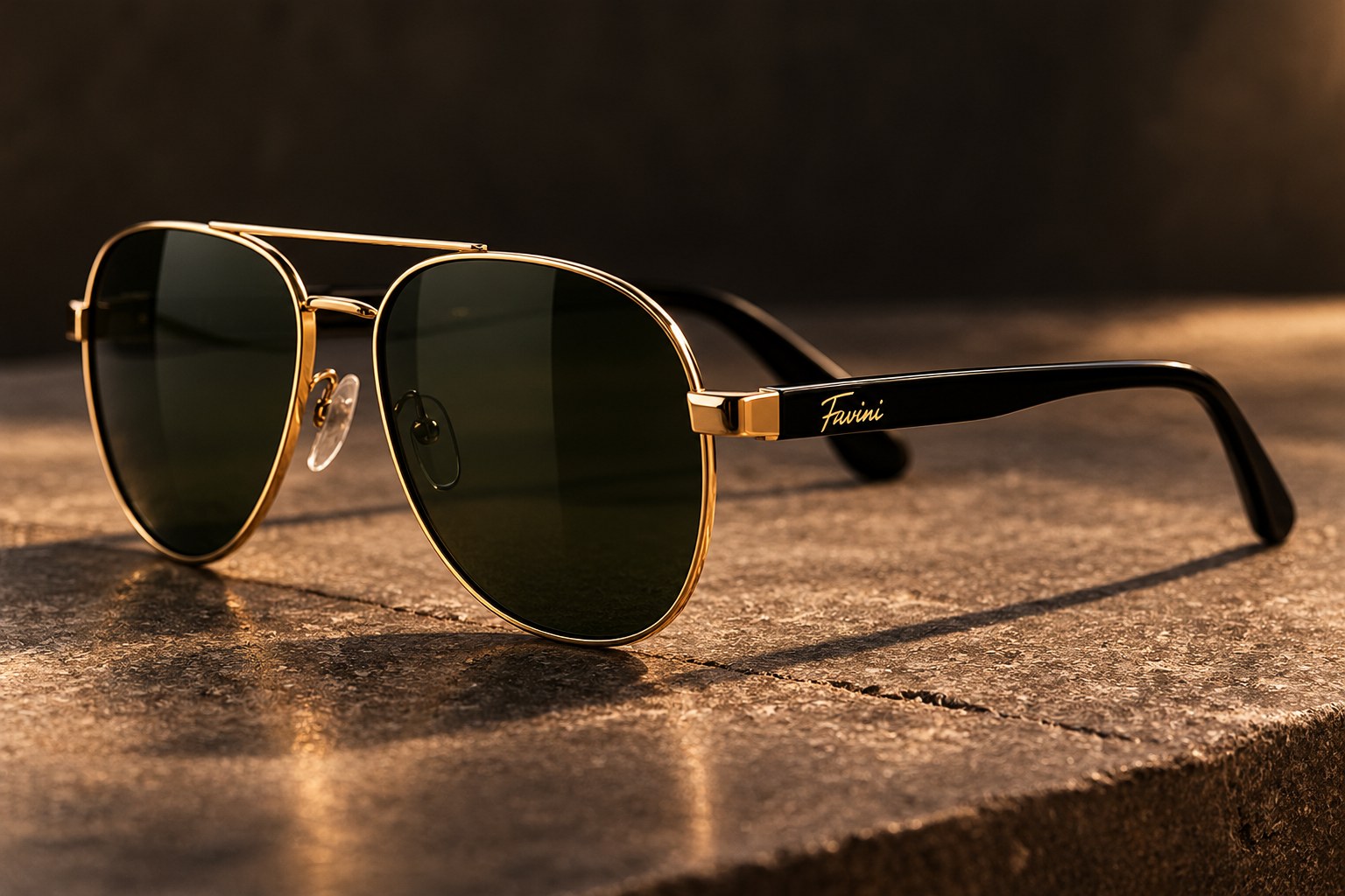 Óculos de sol Favini modelo piloto, lentes verdes escuras, com a assinatura na haste