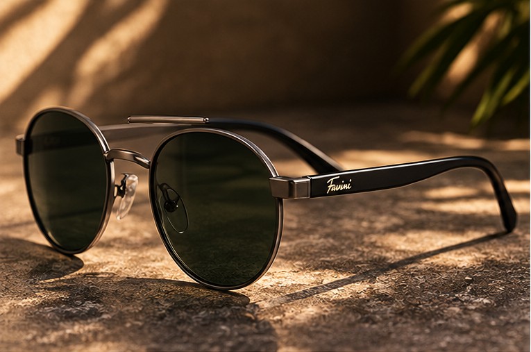 Óculos de sol Favini modelo redondo, lentes verdes escuras, com a assinatura na haste